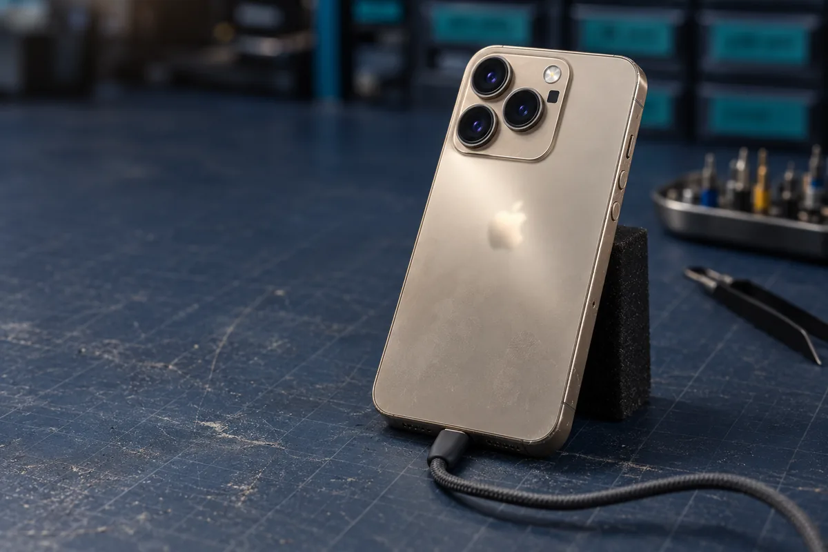 An intact smartphone propped upright on an anti-static mat with a diagnostic cable connected to its charging port