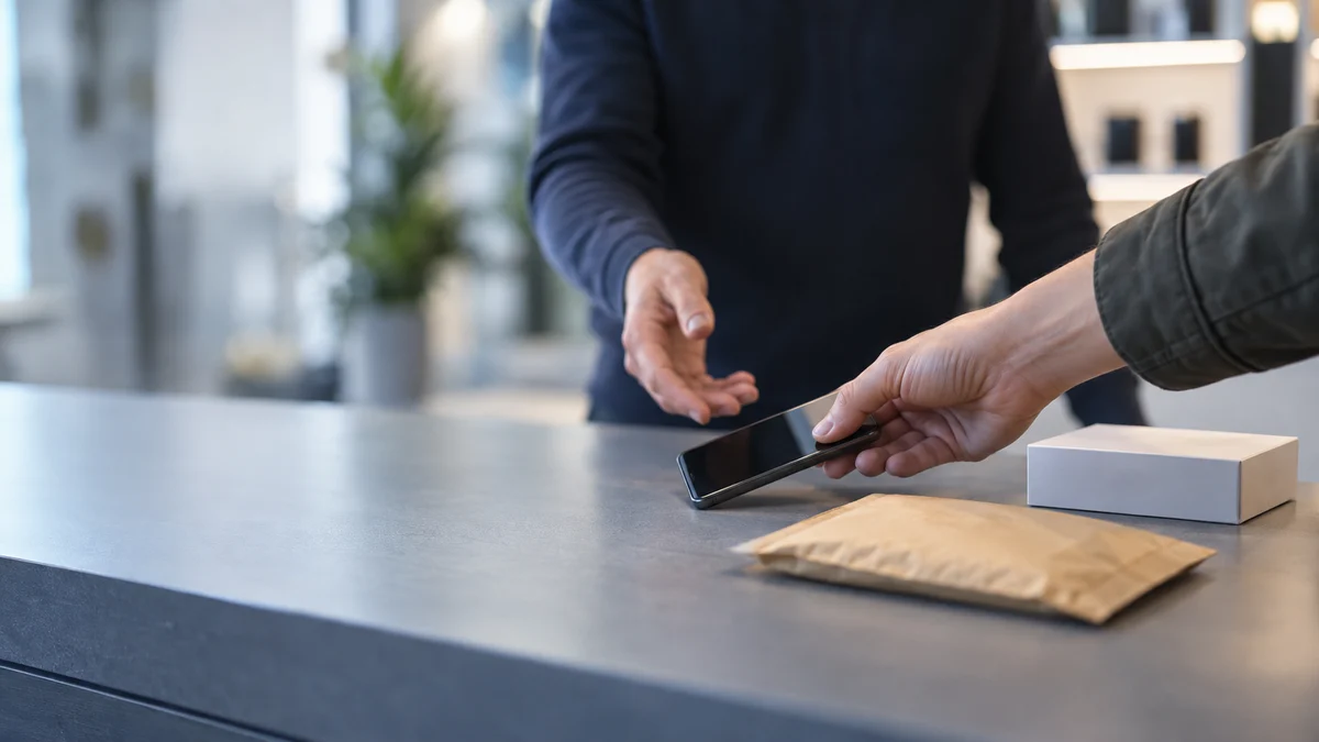 A phone being slid across a shop counter beside a padded envelope and box