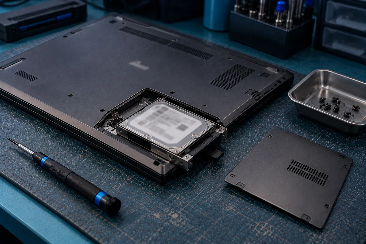 A laptop upside down with its service hatch removed and a sealed 2.5-inch hard drive half withdrawn from the bay