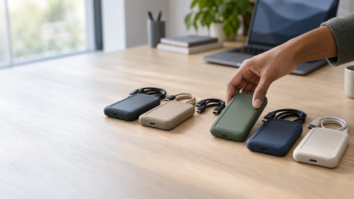 A hand lifting the middle one of five closed portable hard drives, each in a different muted colour, laid out in a row on a pale oak desk