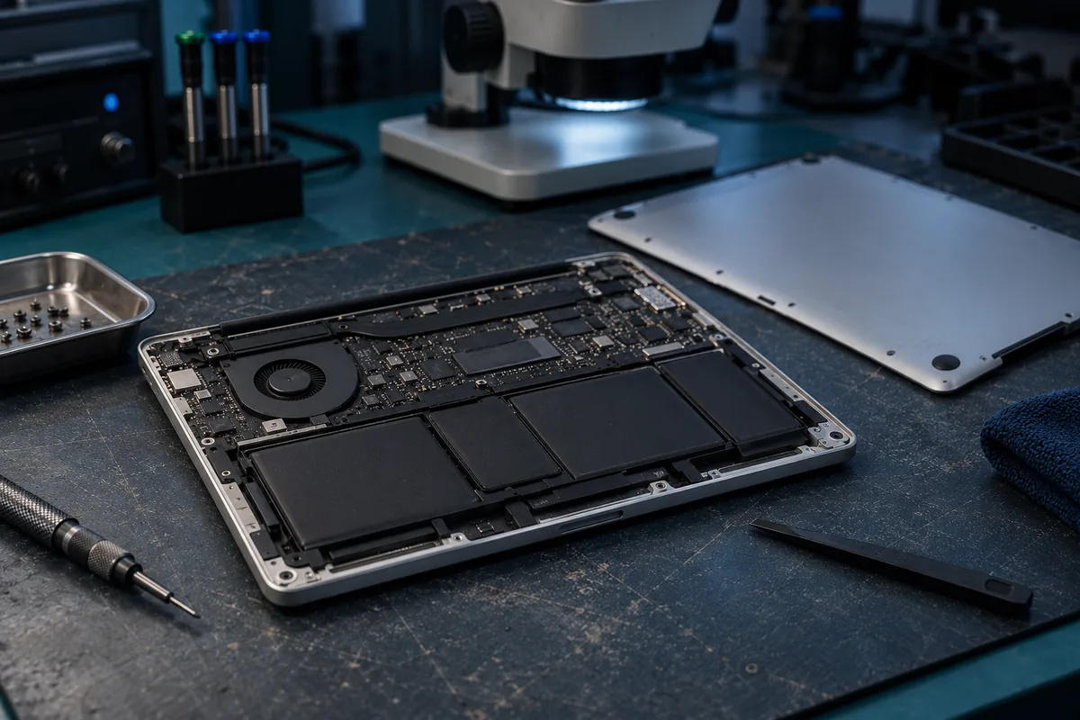 An aluminium laptop opened from underneath for board-level inspection