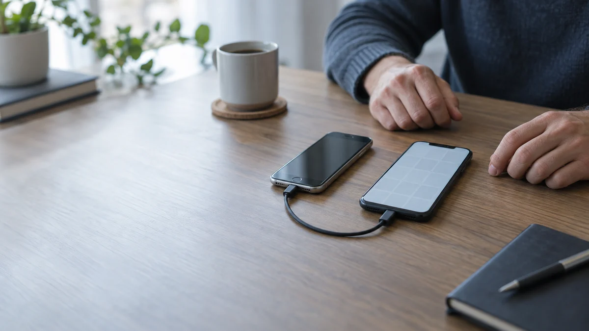 An old phone and a new phone joined by a cable on a table