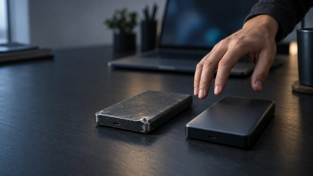 A dented external drive and a pristine external drive side by side on a desk