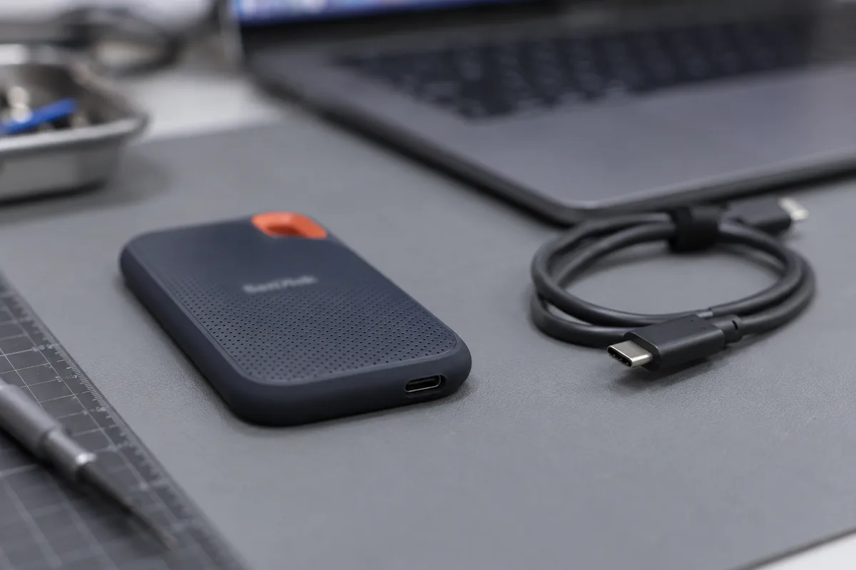 A sealed pocket-sized portable SSD on an anti-static bench mat beside a USB-C cable