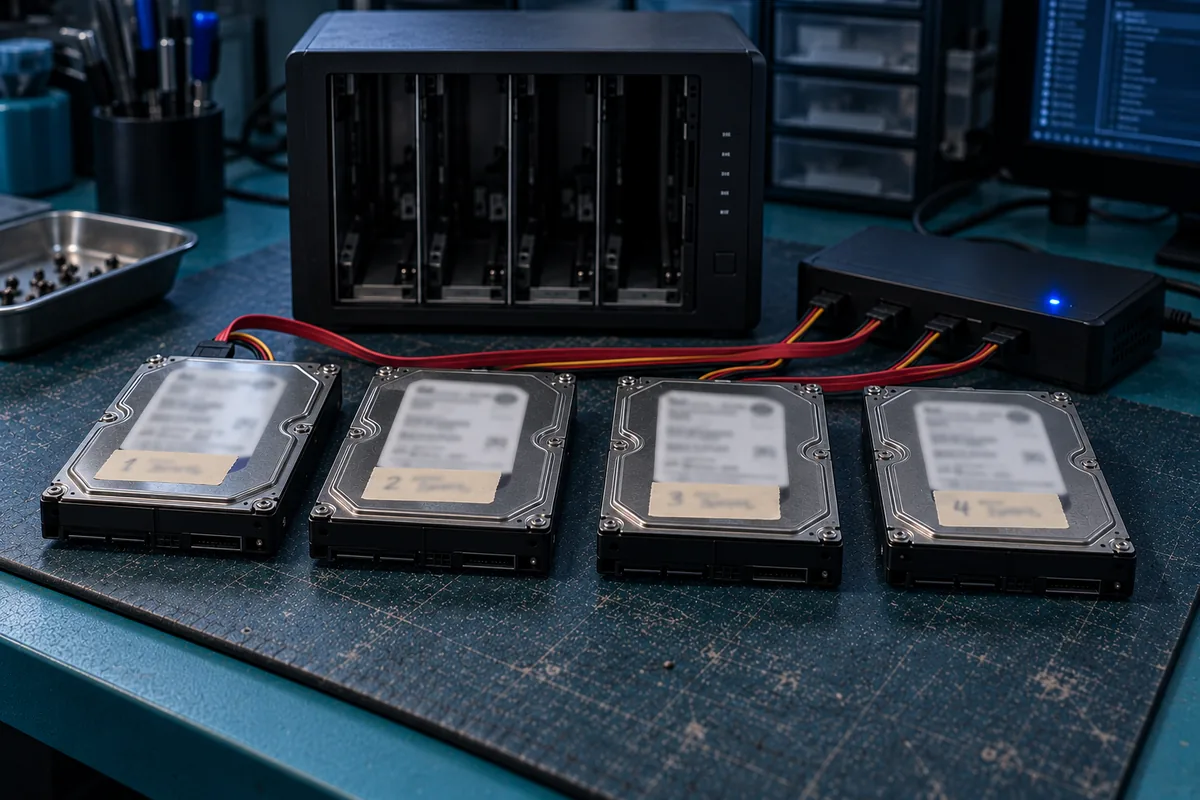 Four sealed NAS drives laid out in bay order in front of an empty multi-bay chassis and connected to a write-blocker