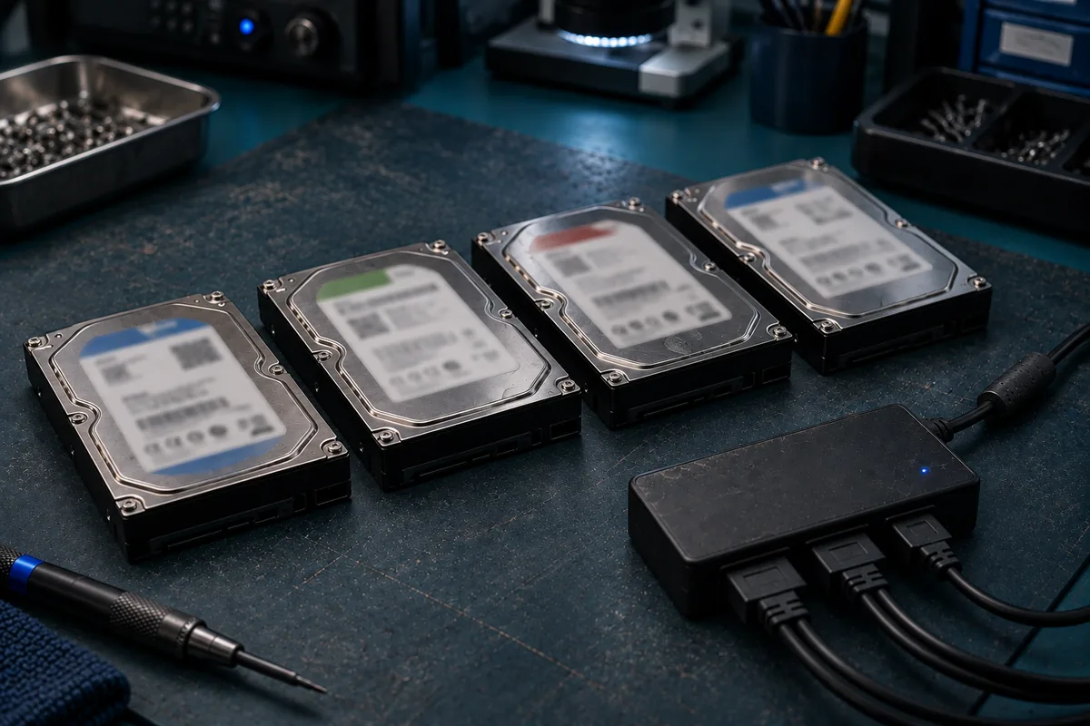 Four sealed hard drives laid out in order beside a hardware write-blocker