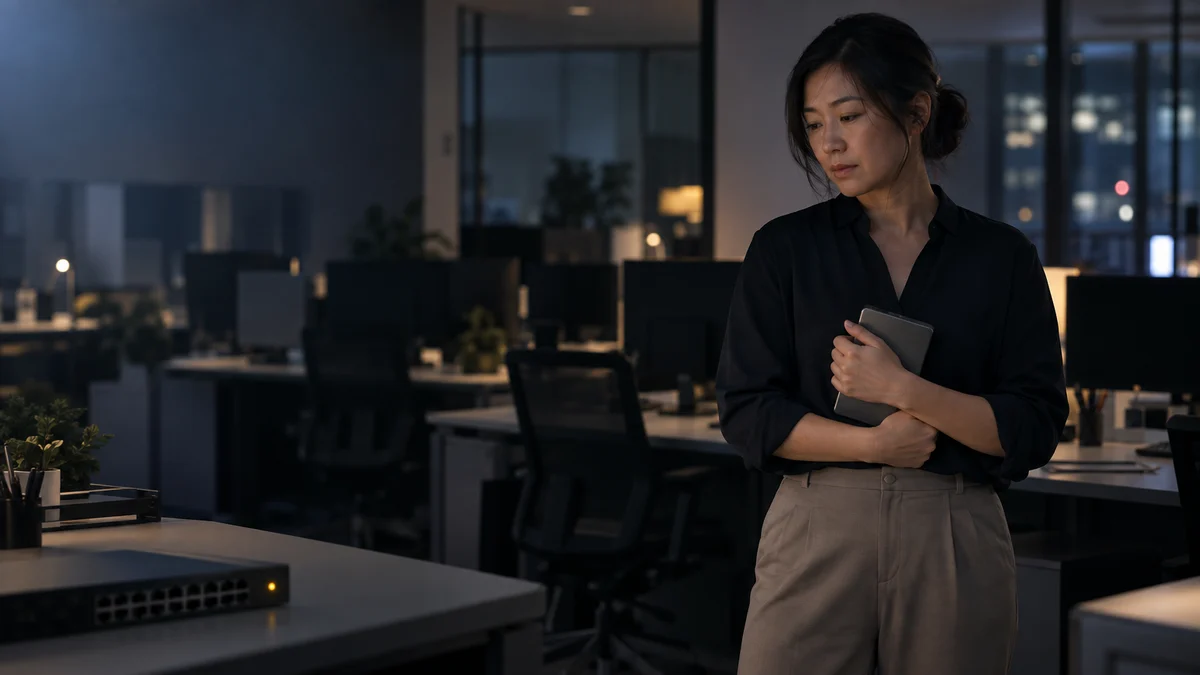 A business owner holding an external backup drive in a dark office with all computers switched off
