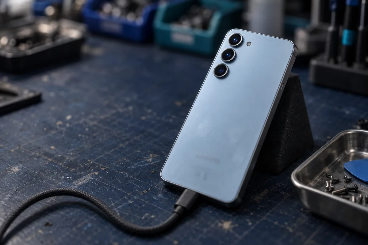 An intact smartphone propped upright on an anti-static mat with a USB-C diagnostic cable connected, beside a tray of screws