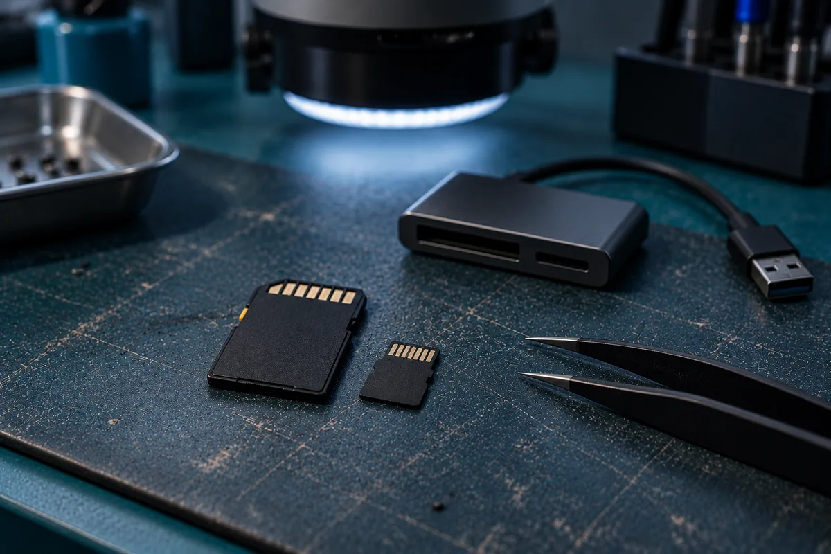 An SD card and microSD card on an anti-static mat under a stereo microscope
