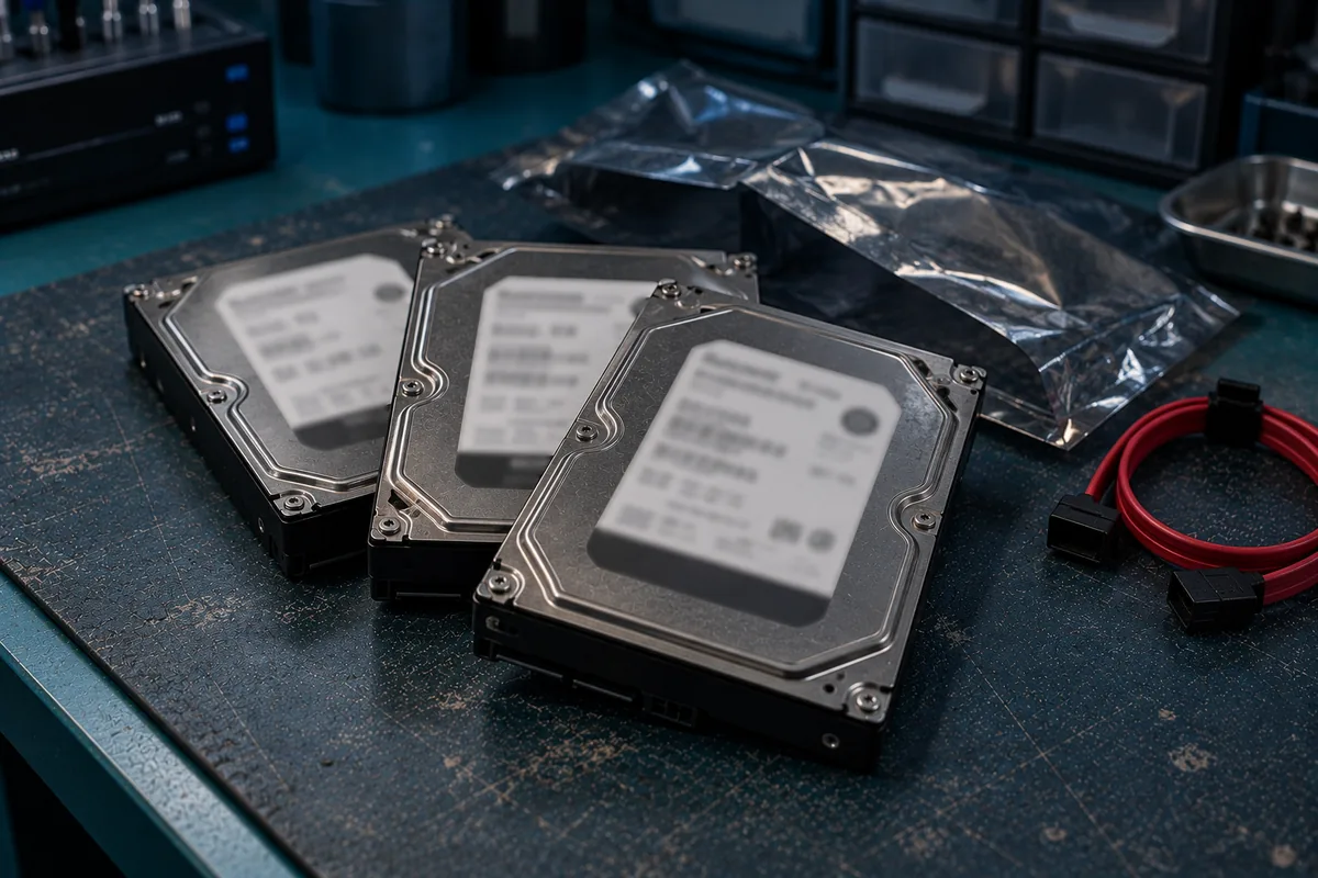 Three sealed 3.5-inch desktop hard drives fanned out on an anti-static mat beside an anti-static bag