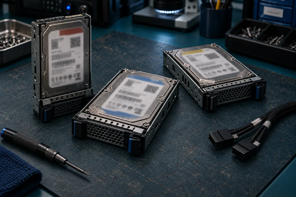 Enterprise SAS drives in server caddies on an anti-static mat