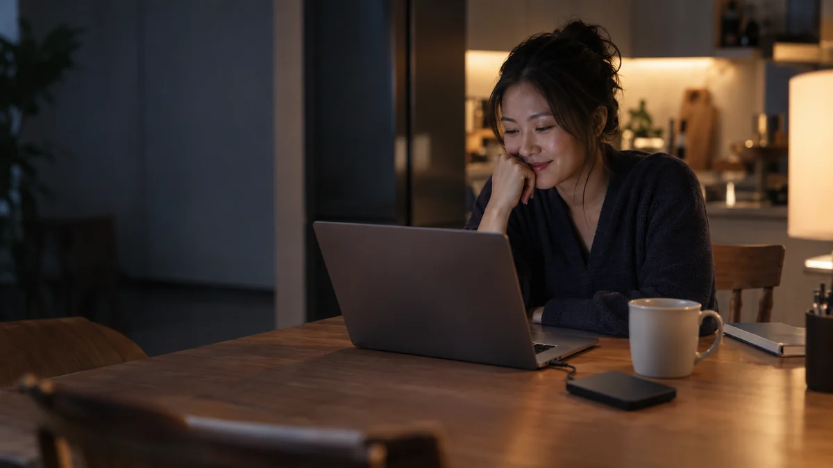 A woman at a kitchen table at night looking relieved beside a laptop and an external drive