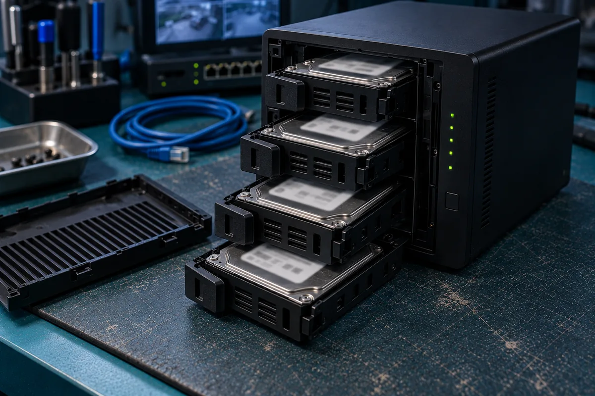 A four-bay NAS tower with its drive caddies drawn out, each holding a sealed hard drive