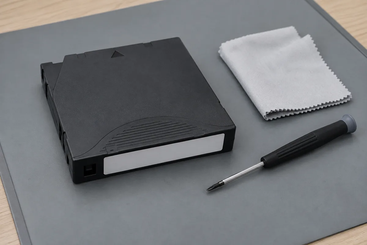 An LTO data tape cartridge on an anti-static mat beside a lint-free cloth and a precision screwdriver