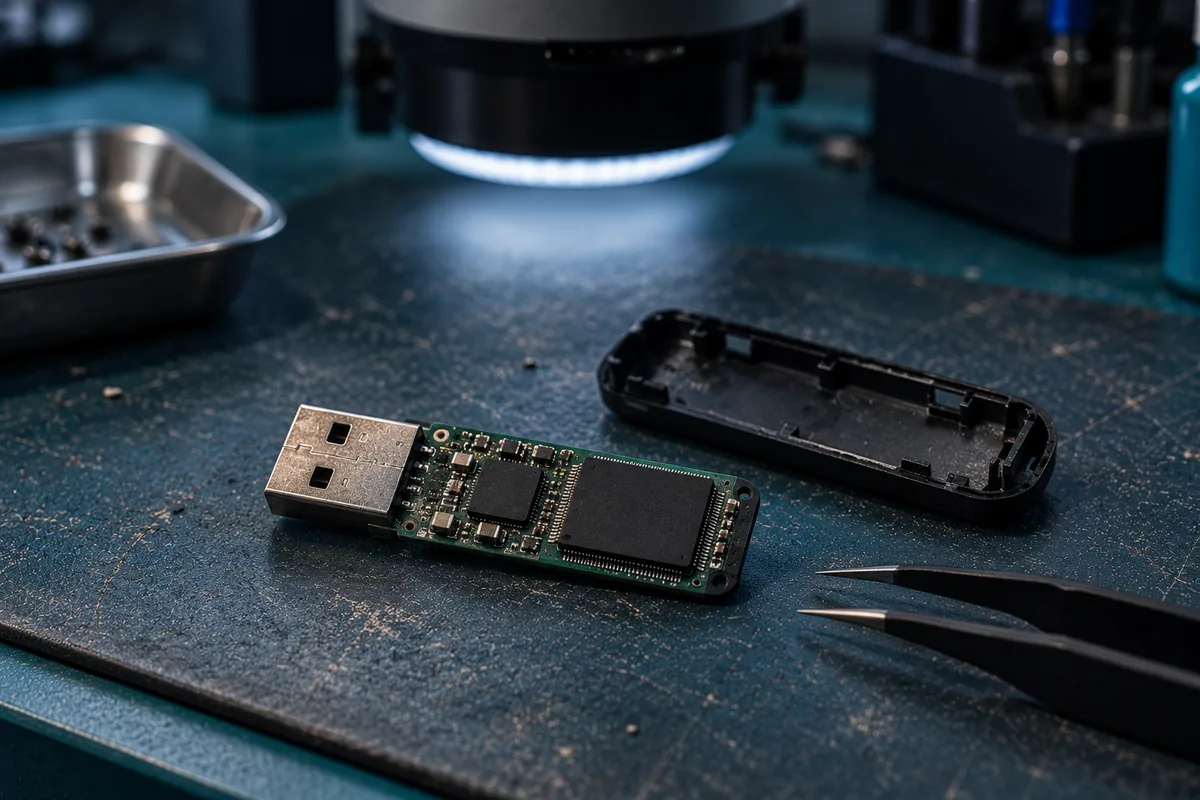 A USB flash drive with its casing removed, showing the NAND chip and controller on an anti-static mat
